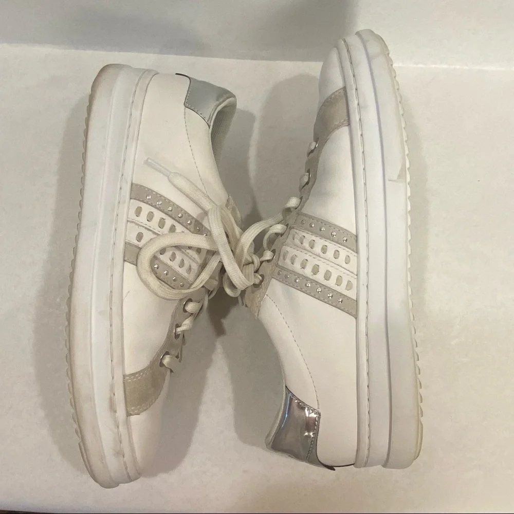 Geox Respira Pontoise White Silver Leather Sneaker Women's 9 Retro Chunky